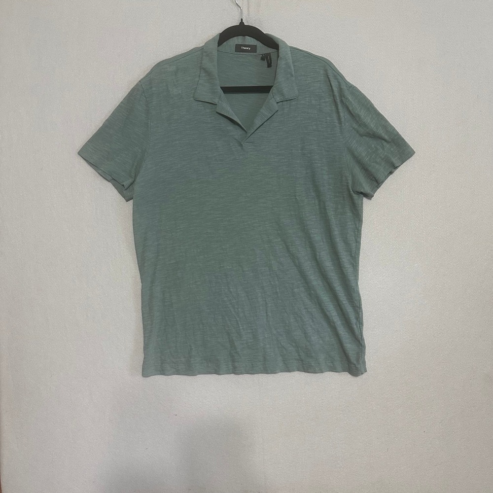 Theory Mens XL Sage Green Slub Knit Short Sleeve Buttonless Polo Shirt